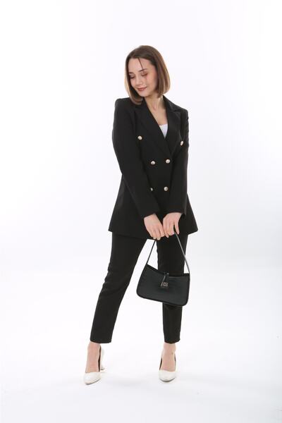 ModaSehle Women's Buttoned Blazer Jacket Belted Trousers Woven Atlas Fabric Suit