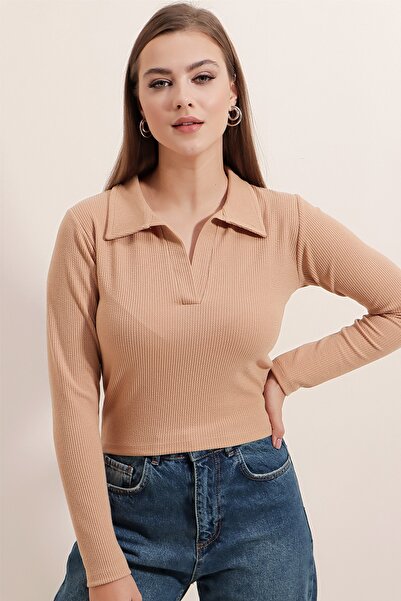 Pattaya Women's Polo Neck Ribbed Crop Blouse P22w191-5421