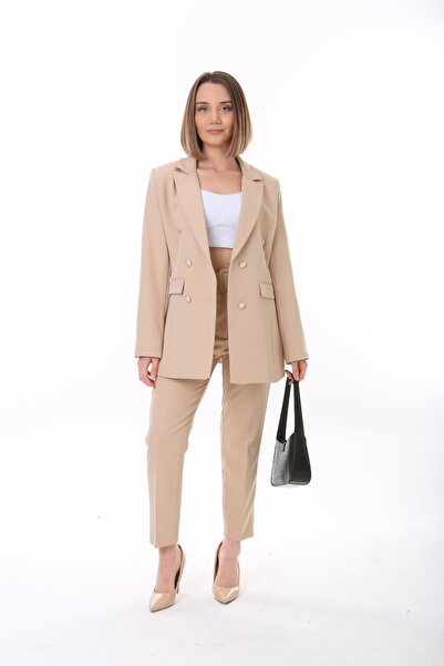 ModaSehle Kadın Düğmeli Blazer Ceket Kemerli Pantolon Dokuma Atlas Kumaş Takı...