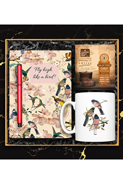 vegahediye v vega Kuş Kupa & Kuş Desenli Defter & Kırmızı Roller Kalem & Prat...