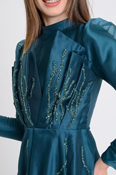 SpringStore Emerald Fan Detailed Hijab Evening Dress