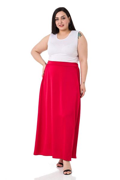 DISENTIS MODEST Large Size Elastic Waist Back Flared Satin Long Red Skirt