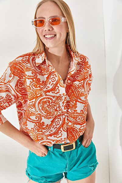 Olalook Women's Large Shawl Orange Bat Oversize Linen Viscose Shirt GML-19001071