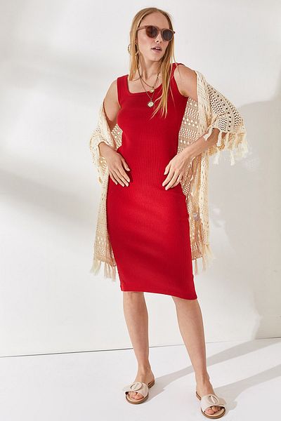 Olalook Női piros, vastag pántos lycra midi ruha ELB-19001867