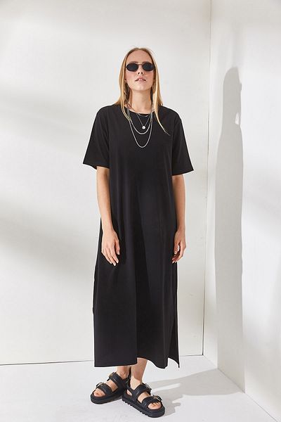 Olalook Rochie neagră de damă, supradimensionată, din bumbac, cu fantă laterală ELB-19001880