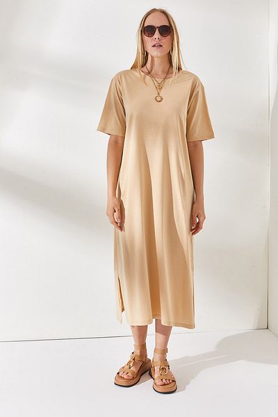 Olalook Γυναικείο μπεζ Oversize Βαμβακερό φόρεμα με σκίσιμο στο πλάι ELB-19001880