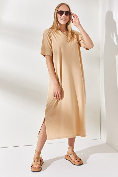 Olalook Kadın Bej Yanı Yırtmaçlı Oversize Pamuk Elbise  ELB-19001880