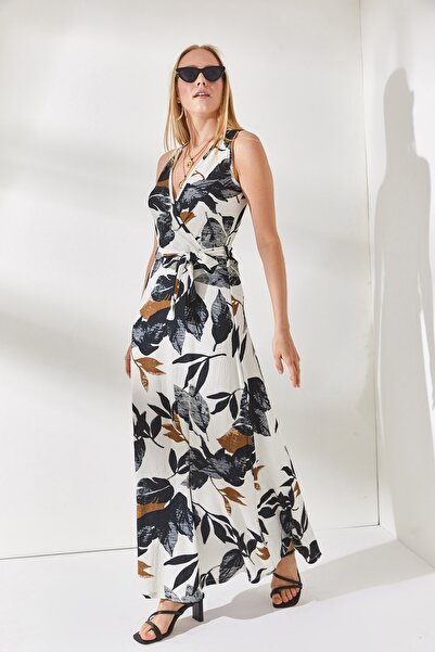 Olalook Women's Black Floral Double Breasted Belted Maxi Textured Knitted Dress ELB-19001745