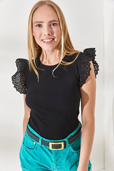 Olalook Γυναικεία Μπλούζα Βαμβακερή Μαύρη Scalloped Lycra BLZ-19002254