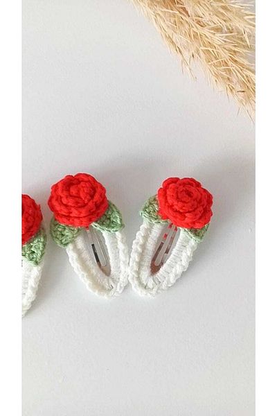 Kadın Girişimciler Atölyesi Red Rose Model Handmade Knitted 2-Piece Snap Buckle
