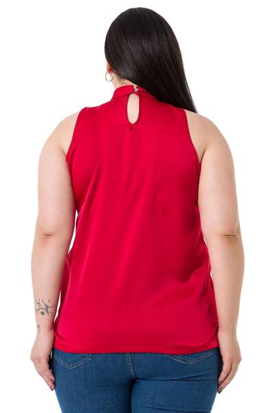 DISENTIS MODEST Plus Size Satin Red Blouse with Scarf and Side Slits