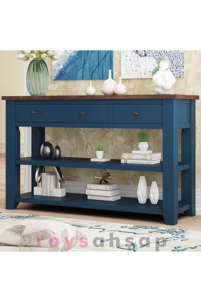 ROYS AHŞAP 140 Cm Lacivert Üstü Koyu Ceviz 3 Çekmeceli Masif Dresuar