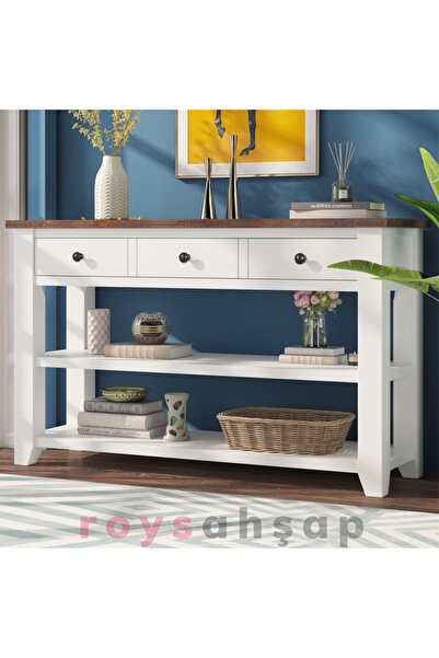 ROYS AHŞAP 140 Cm Beyaz Üstü Koyu Ceviz 3 Çekmeceli Masif Dresuar