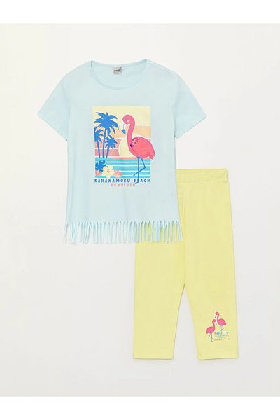 LC Waikiki Lcw Kids Crew Neck Printed Short Sleeve Girl's T-Shirt and Tights