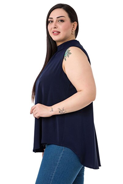 DISENTIS MODEST Plus Size Collar Back Buttoned Stand Collar Flowing Sleeveless Navy Blue Blouse