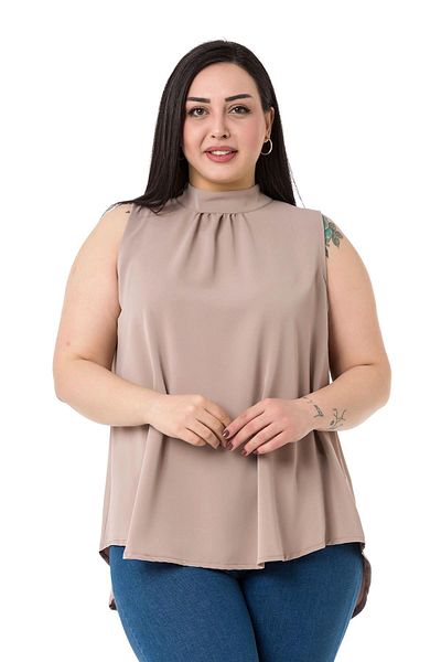 DISENTIS MODEST Plus Size Collar Back Buttoned Stand Collar Flowing Sleeveless Mink Blouse
