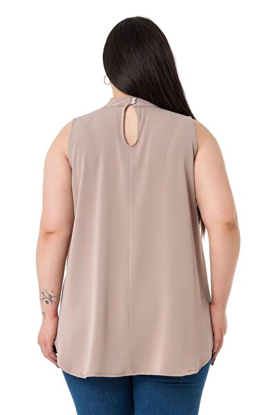 DISENTIS MODEST Plus Size Collar Back Buttoned Stand Collar Flowing Sleeveless Mink Blouse