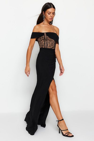 Trendyol Collection Чорна двобортна ткана мереживна сукня на підкладці з довгим мереживом TPRSS23AE00199