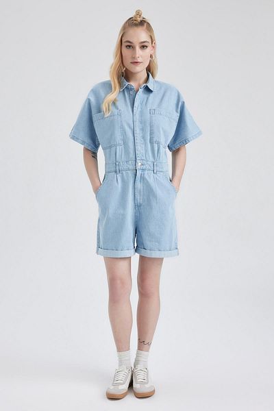 DeFacto Kurzer Jeans-Overall aus 100 % Baumwolle mit Hemdkragen