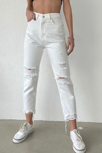 fehika Women's White Jeans Ripped Leg Fringed High Waist Mom Comfortable Fit Denim Trousers