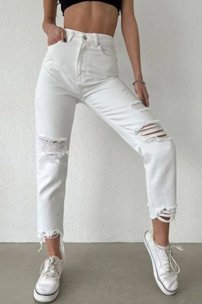 fehika Women's White Jeans Ripped Leg Fringed High Waist Mom Comfortable Fit Denim Trousers