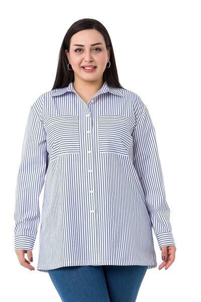 DISENTIS MODEST قميص مخطط باللون الأزرق الداكن بأكمام مطوية وجيب كبير الحجم