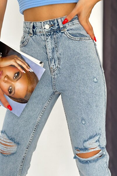 fehika Dámské modré džíny s roztrhanými nohavicemi a vysokým pasem pro maminky pohodlné džínové kalhoty