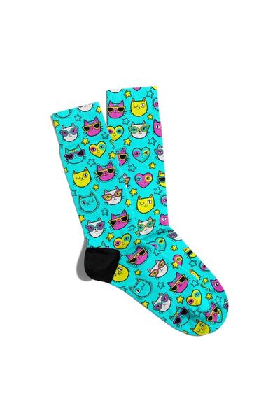 Eğlenceli Çoraplar Fun Socks Unisex Turcoaz Cute Cat Printed Socks Ecsoket288