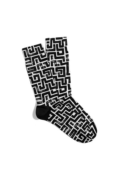 Eğlenceli Çoraplar Fun Socks Unisex Ethnic Black Square Geox Printed Socks Ecsoket455