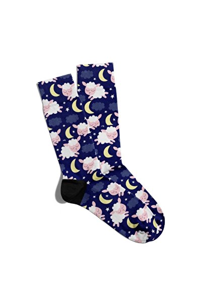 Eğlenceli Çoraplar Fun Socks Unisex Cute Lamb Navy Printed Socks Ecsoket008