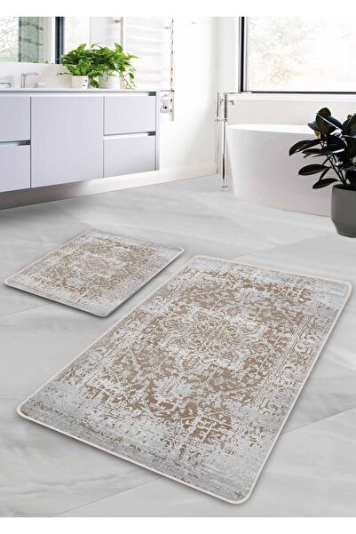 Pilloveland Kaymaz Taban Yıkanabilir 2’li Banyo Paspası - Bej Farmhouse Desenli 60*100 Cm - 50*60 Cm