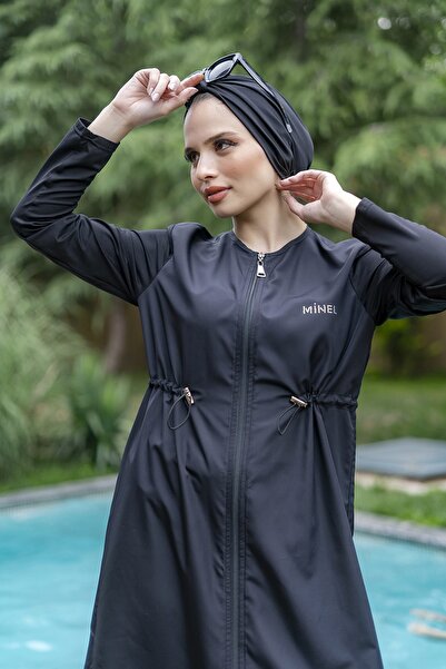 Minel Kadın Düz Siyah Tam Kapalı Tesettür Mayo Uzun 2’li Set 029