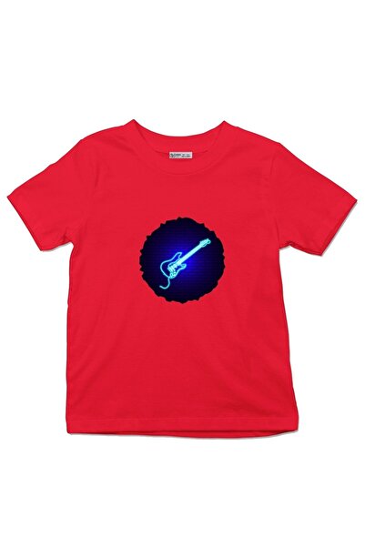 GreenMint تي شيرت للأطفال جيتار كهربائي في ضوء النيون ضد جدار الطوب_em1337