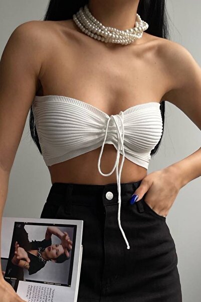 lovebox Kadın Beyaz Boyun Bağlamalı Büzgülü Crop Bluz 23s50005