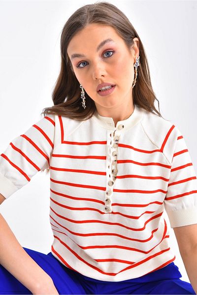 VOLT CLOTHİNG Women's Short Sleeve Button Detailed Striped Knitwear Blouse