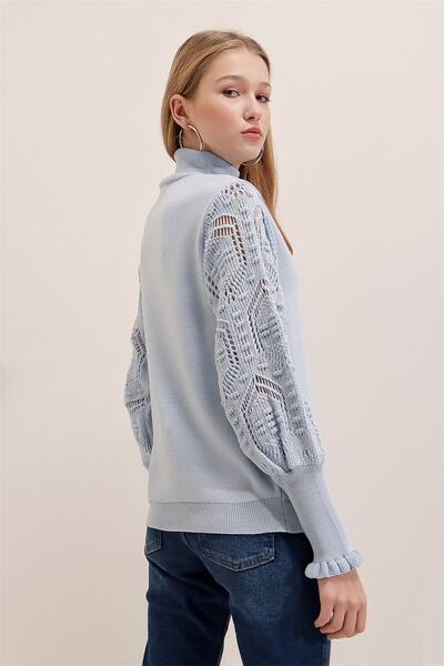 AQE FASHION Pulover de damă, albastru, cu mânecă țestoasă, cu dantelă