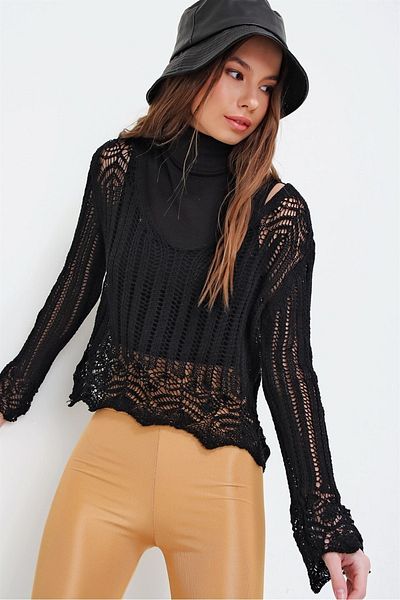 AQE FASHION Pulover de damă negru ajurat din tricotaj