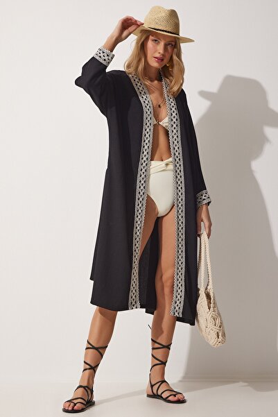 Happiness İstanbul Women's Black Stripe Detailed Long Crinkle Viscose Kimono ...