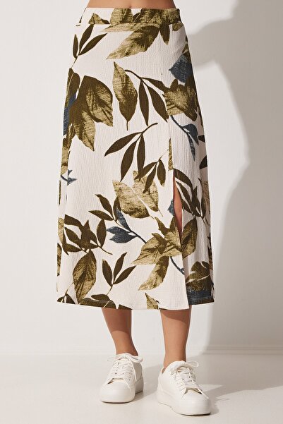 Happiness İstanbul Női zöld krém mintás hasított nyári kötött szoknya ZH00017