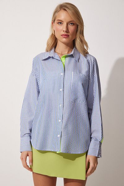 Happiness İstanbul Blau-grünes gestreiftes Oversize-Shirt mit Knopfleiste für Damen DX00006