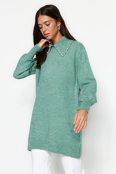 Trendyol Modest Türkiz baba gallérral gyöngyözött puha kötöttáru pulóver TCTAW22AK0238
