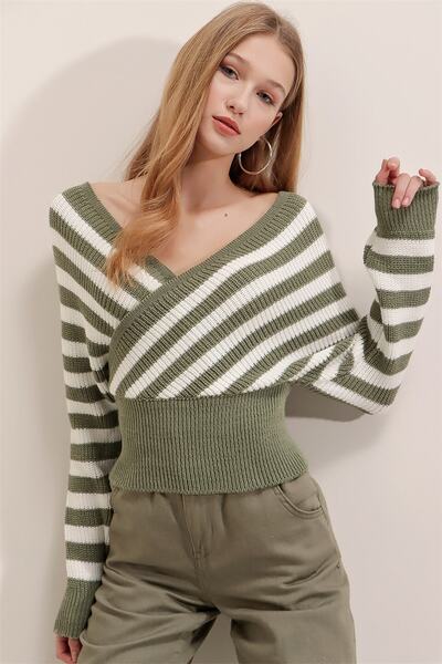 AQE FASHION Pulover de damă în dungi, cu guler dublu, mentă