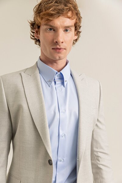 alenmeza Erkek Mavi %100 Pamuk Saten Iğneli Yaka Non-ıron Ütü Istemeyen Casual Modern Fit Cepsiz Gömlek