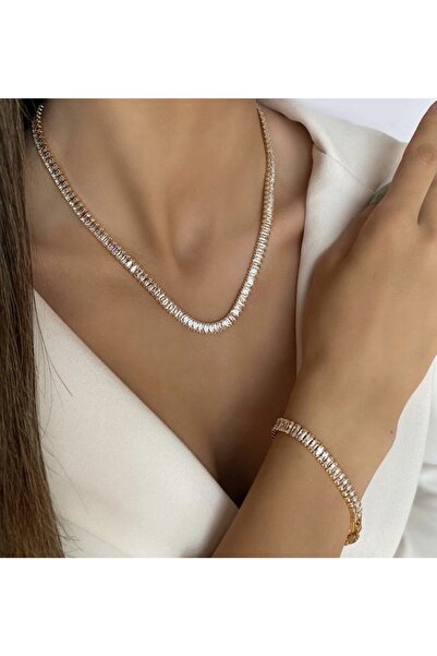 SU PERİSİ TAKI BİJUTERİ Çelik Gold Baget Taşlı Kolye Ve Bileklik Set