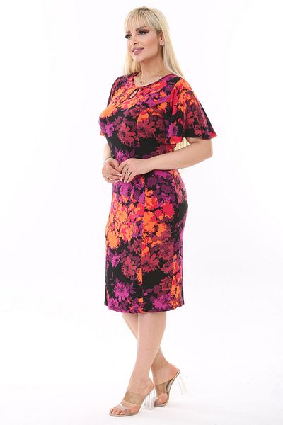 Mooi XXL Women's Purple Orange Floral Patterned Butterfly Sleeve Cup Plus Size Dress
