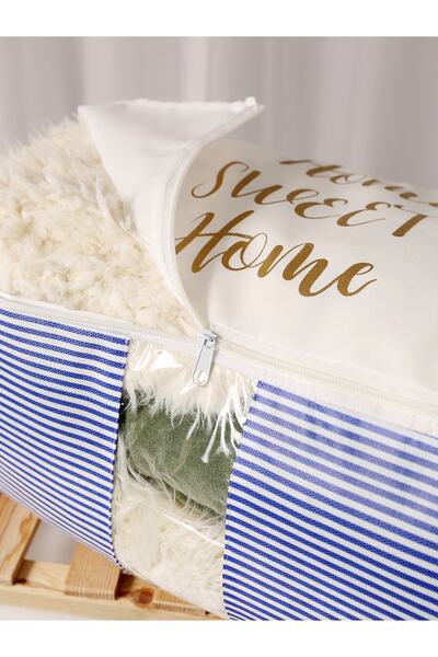 Timburly Yıkanabilir Pamuklu Home Sweet Home Yazılı Mavi En Çizgi Altın Yazı Düzenleyici Hurç 21x28x52cm D63