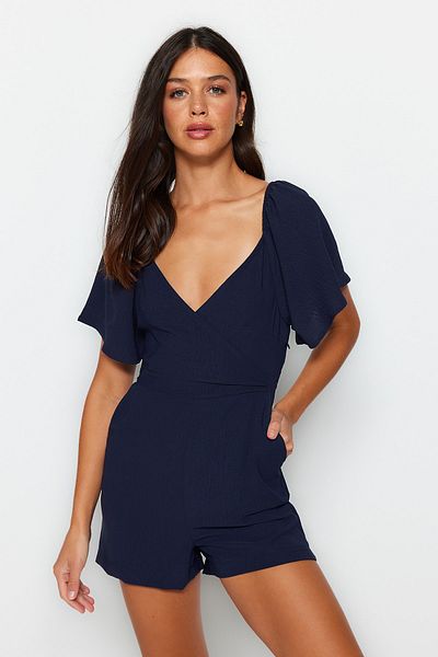 Trendyol Collection Navy Blue Back Window Detailed Angel Sleeves Mini Woven Jumpsuit TWOSS23TU00094