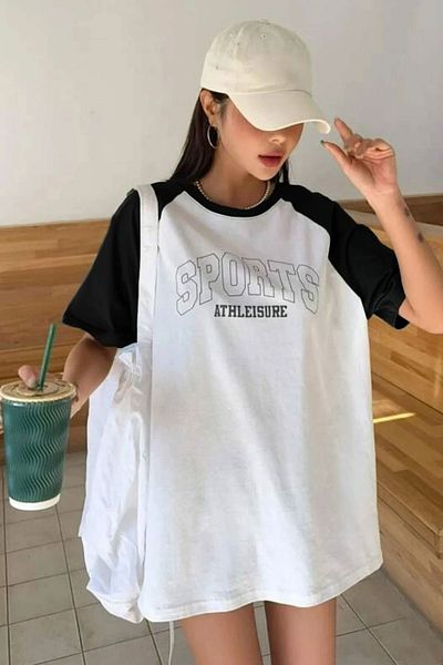 MODAGEN Unisex Bavlna Bílé Rukávy Černé Sportovní Potištěné Tričko Přítel s výstřihem Oversize