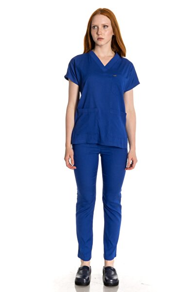 TIPMOD Unisex Yarasa Kol Likralı Saks Mavi Doktor / Hemşire Forması