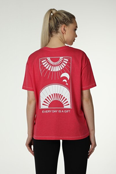 defys Γυναικείο μπλουζάκι με στάμπα μπροστά και πίσω με κοντό μανίκι Crew λαιμόκοψη Oversized Oversized Φούξια